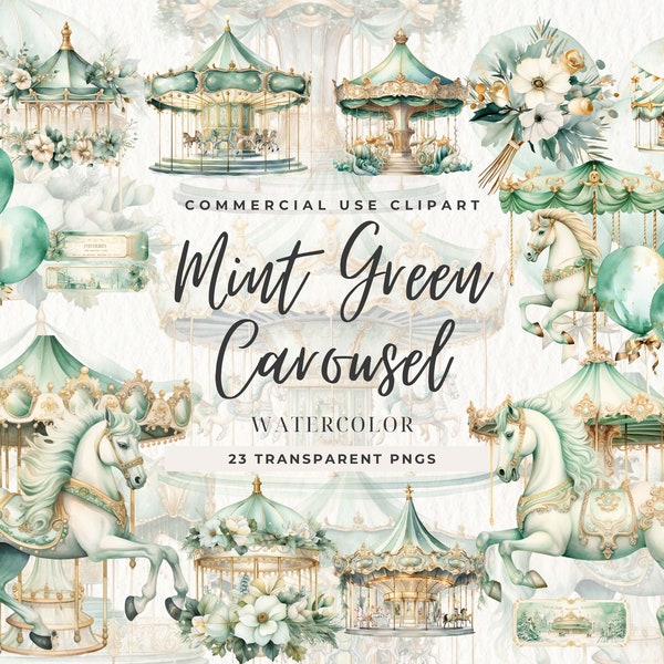 Carousel Clipart, Carousel Horse, Newborn Baby, Carousel Pony, Commercial Use, Digital, Watercolor Mint Green Carousel Clipart, Nursery