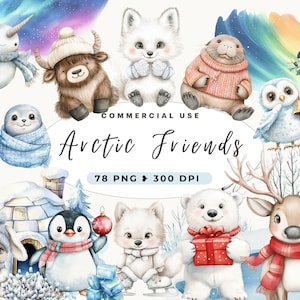Clipart animaux polaires, aquarelle Arctic Friends, ours polaire, téléchargement immédiat, décoration de chambre d'enfant, Noël, hiver, renard arctique, animaux sauvages