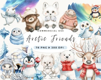 Polar Animals Clipart, Watercolor Arctic Friends, Polar Bear, Instant Download, Nursery Decor, Christmas, Winter, Arctic Fox, Wild Animals