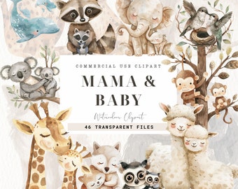 Mama and Baby Animal Clipart, Woodland Animals, Commercial Use, Cute Animal Png, Mama Bear, Baby Safari, Mom Love, Mother's Day