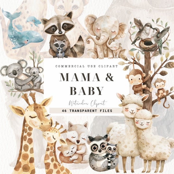 Mama and Baby Animal Clipart, Woodland Animals, Commercial Use, Cute Animal Png, Mama Bear, Baby Safari, Mom Love, Mother's Day