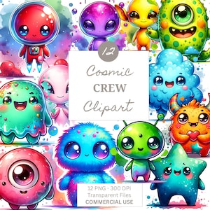 Cute Monsters and Aliens Clipart, Nursery Kids Art, Cartoon Monster, Fantasy Art, Digital Download, Printable Stickers, Kawaii png