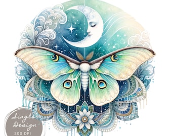 May include: A watercolor illustration of a moth with teal and yellow wings, set against a backdrop of a crescent moon and a mandala design. The image includes the text "COMMERCIAL USE CLIPART" and "TRANSPARENT PNG FILE". The design is 12" x 12".