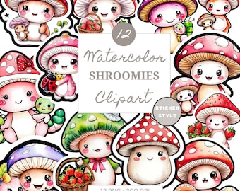Kawaii Mushroom Clipart PNG, Watercolor Shroomie Stickers (Digital Download)