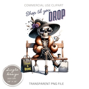 Shop Til You Drop PNG, Modeskelettbild, Halloweendekor Clipart, Rolig akvarell kusliga benväggkonst, Nyckfull Obehaglig Damdesign