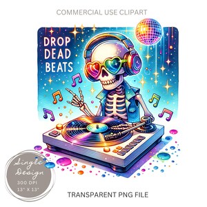 Drop Dead Beats PNG, grillig skelet DJ clipart PNG, leuke Halloween-tekenfilm, kleurrijk muziekontwerp, vinylplaat, gotische digitale download