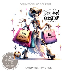 Drop Dead wunderschöne PNG, Mode-Skelett Bild, Halloween-Dekor Clipart, lustige Aquarell gruselige Knochen Wandkunst, wunderliches gruseliges Lady Design