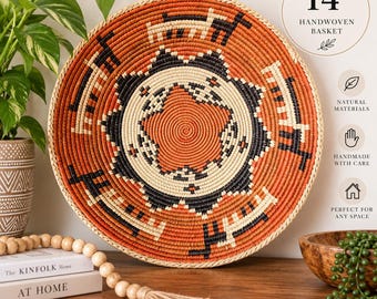 Handgewebter Boho-Wandkorb (35,5 cm), terrakottafarben, schwarz und naturfarben, gewebte Wanddekoration, eklektische Korbkunst im afrikanischen Stil, rustikales Wohnaccessoire