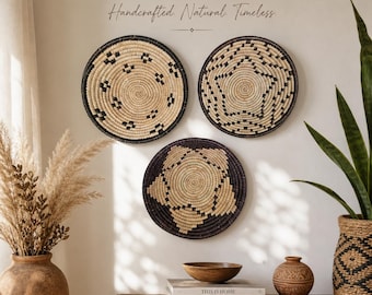Bohemian Woven Wall Basket – Handwoven Tribal Wall Art – Natural Fiber Basket Decor Set of 3 bowls