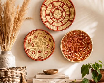 Cesta de pared tejida estilo bohemio, arte tribal de pared tejido a mano, decoración de cestas de fibra natural, juego de 3 cuencos
