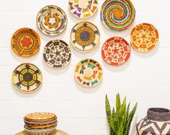 Juego de cestas bohemias del suroeste tejidas a mano con decoración tribal (33-35 cm)