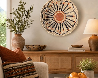 14 Inch Handwoven Wall Basket, Orange Black Natural Woven Basket Wall Decor, Boho African Wall Art, Southwestern Rustic Home Decor