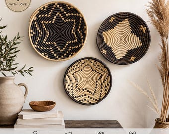 Cesta de pared tejida estilo bohemio, arte tribal de pared tejido a mano, decoración de cestas de fibra natural, juego de 3 cuencos