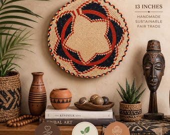 Grote Afrikaanse wandmand 13 inch, boho wanddecoratie mand, handgemaakte geweven mand, tribal kunst aan de muur, neutraal decor kinderkamer