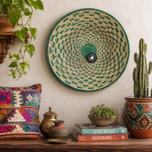 May include: A large, round, woven wall basket featuring a concentric pattern of natural tan and deep green fibers. A small, circular black label with white text reading "Woven Wonders" is attached to the center of the basket.