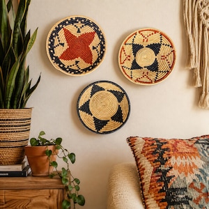 Set of 3 Woven Wall Baskets, 8 Inch Handwoven Boho Wall Decor, Southwestern Basket Wall Art, Terracotta Rust Home Decor