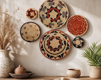 Juego de cestas tejidas a mano para decoración de pared, estilo bohemio africano del suroeste, juego de 6