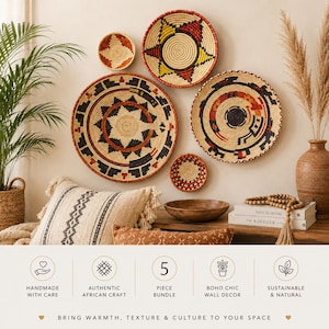 May include: A set of five round woven wall baskets featuring geometric patterns in black, red, yellow, and natural tan. The collection includes two large baskets with intricate star and tribal motifs, two smaller accent baskets, and one medium basket.