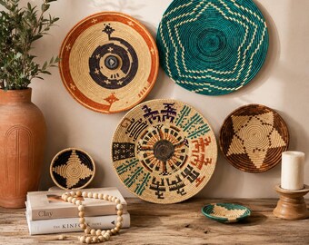 Juego de cestas tejidas a mano para decoración de pared, estilo bohemio africano del suroeste, juego de 6