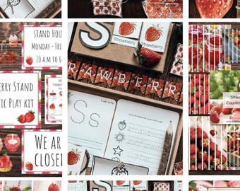 Puede incluir: Un kit de juego de rol de puesto de fresas imprimible para niños. El kit incluye letreros que dicen "Strawberry Stand", "We Are Open", "We Are Closed", "Stand Hours Monday-Friday 10 AM to 6 PM", y "Strawberry Skip Counting Puzzle Set". También hay imágenes de fresas, cupcakes y una pancarta de fresas.