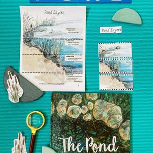 May include: Educational materials for a pond study, including a book titled "The Pond" by Nicola Davies, illustrations by Cathy Fisher, and a diagram of pond layers. Also included are wooden letter blocks spelling "POND", a magnifying glass, and decorative cutouts.