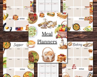 May include: A set of printable meal planners with watercolor illustrations of food. The planners include sections for breakfast, lunch, supper, baking, and a grocery list. The planners are designed to help you plan your meals for the week.