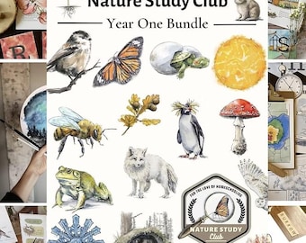 May include: A collection of watercolor illustrations and educational materials. The image includes a variety of nature-themed drawings, such as a bird, butterfly, turtle, and mushroom. Text includes "Nature Study Club Year One Bundle".