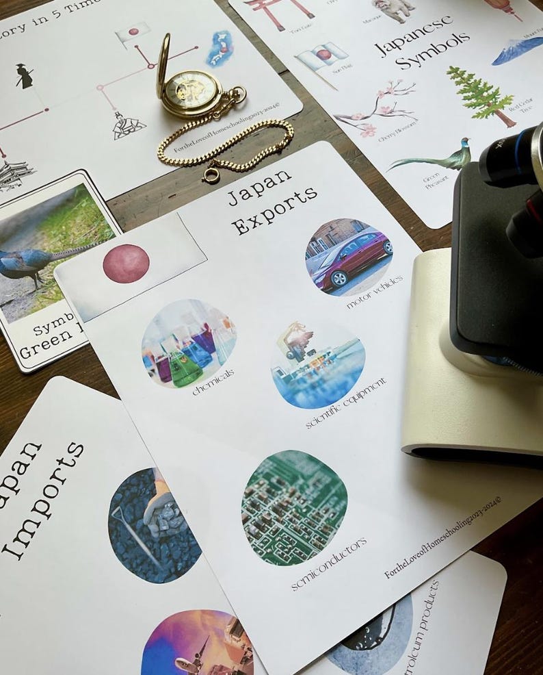 May include: Four white cards with black text and images. The cards are titled 'Japan Exports' and 'Japan Imports.' The cards feature images of chemicals, motor vehicles, scientific equipment, semiconductors, and other items. The cards also feature a Japanese flag and the text 'Japanese Symbols.'