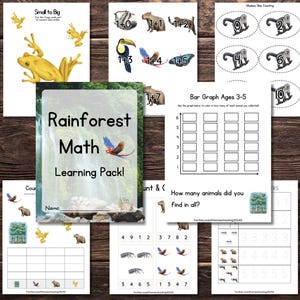 May include: A set of printable rainforest-themed math worksheets for kids. The worksheets feature colorful illustrations of animals like monkeys, toucans, and capybaras. The worksheets include activities like counting, addition, bar graph creation, and skip counting.