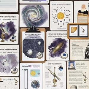 May include: Educational resources about space, featuring illustrations of galaxies, constellations, and telescopes. The materials include the text "Galaxies & Constellations" and "Galileo Galilei". The colour scheme includes shades of blue, purple, and brown.