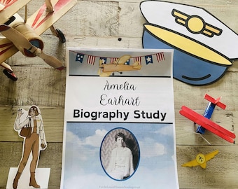 May include: A printable biography study guide for Amelia Earhart. The guide features a photo of Amelia Earhart, a red, white, and blue banner, and a small airplane. The text on the guide reads "Amelia Earhart Biography Study".