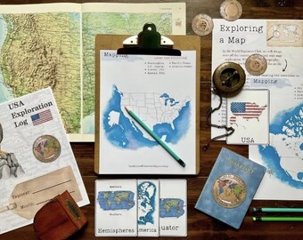 May include: A collection of educational materials for exploring maps and the USA. Includes a clipboard with a map of the USA, a compass, a passport, and a notebook with the text "USA Exploration Log". Also includes map cards and coins.