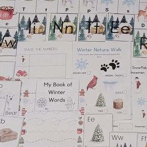 May include: Educational winter-themed flashcards and activity sheets. Includes cards with letters, numbers, and winter words. Features illustrations of snowflakes, animals, and winter scenes. Perfect for early learning.