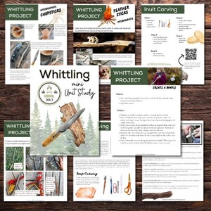 May include: A colorful printable mini unit study on whittling, a survival skill. The study includes instructions for creating a bindle, feather sticks, and chopsticks. The cover features a watercolor illustration of a knife and wood.