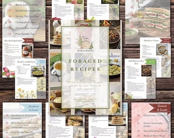 Puede incluir: Una colección de páginas de recetas con el título "Foraged Recipes" y varias recetas de alimentos y bebidas. Las páginas están dispuestas sobre una superficie de madera. Las recetas incluyen bebidas, desayunos, almuerzos, postres y aperitivos.