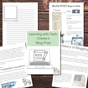May include: A collection of educational blog post pages on a wooden surface. The pages include the title "Learning with Tech: Create a Blog Post", a laptop graphic, and text about blogging topics and formats.