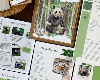 Puede incluir: Un conjunto de materiales educativos sobre pandas. Incluye una ilustración enmarcada de un panda, una receta de panqueques de panda y páginas con datos y hábitats de pandas. Los materiales están diseñados para fines educativos.