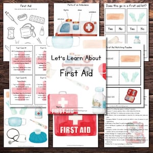 Puede incluir: Un conjunto de hojas de trabajo educativas imprimibles para niños sobre primeros auxilios. Las hojas de trabajo presentan ilustraciones coloridas de un botiquín de primeros auxilios, vendas, guantes y una ambulancia. El texto en las hojas de trabajo incluye "Aprendamos sobre primeros auxilios" y "Rompecabezas de primeros auxilios para hacer coincidir".