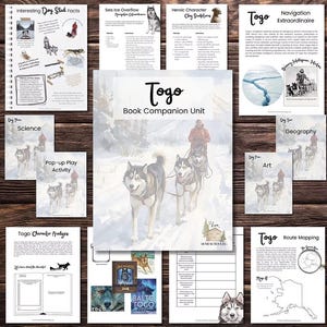 May include: A collection of educational materials centered around the book "Togo." The materials include a book companion unit, facts about dog sledding, and activities. The main image features a dog sled team in a snowy landscape.