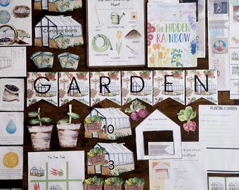 Peut inclure: Ensemble de matériel pédagogique sur le thème du jardinage, comprenant des cartes, un livre intitulé "The Hidden Rainbow" et des bannières avec le mot "GARDEN". Les éléments présentent des illustrations de plantes, de serres et d'outils de jardinage.