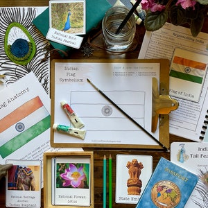 May include: A flat lay of educational resources for learning about India. The resources include a colouring page of the Indian flag, a passport, a peacock feather anatomy diagram, and cards with images of the national bird, flower, and animal of India.