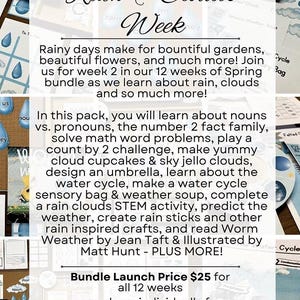 以下が含まれることがあります： 「Rain & Clouds Week」と題された教育用バンドル。天気に関するアクティビティ、名詞、代名詞、水のサイクルなど。バンドルには、工作、数学の問題、感覚的なアクティビティが含まれています。テキストには、Jean Taftによる「Worm Weather」も記載されています。
