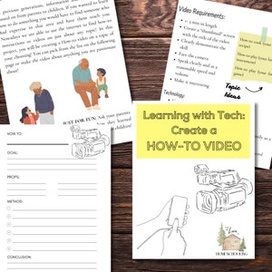 Op de afbeelding: Een printbaar werkblad met een gele banner waarop staat "Leren met technologie: Maak een instructievideo". Het werkblad bevat een checklist voor het maken van een instructievideo, inclusief secties voor doel, rekwisieten, methode en conclusie. Het werkblad bevat ook een sectie voor videovereisten, inclusief lengte, miniatuur en demonstratie van de vaardigheid. Het werkblad is ontworpen voor thuisonderwijs.