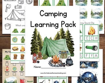 Puede incluir: Un conjunto de materiales educativos con temática de camping. La imagen principal muestra una tienda de campaña verde, una fogata y equipo de camping. Tarjetas adicionales muestran ilustraciones y texto, incluyendo "Camping Learning Pack."