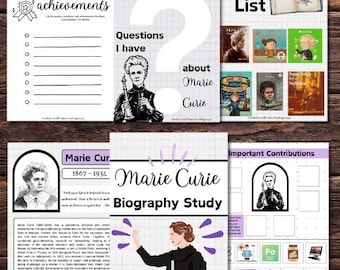 May include: A printable worksheet for a biography study of Marie Curie. The worksheet includes a timeline, a list of achievements, a book list, and a section for important contributions. The worksheet is designed to be used with a biography of Marie Curie.