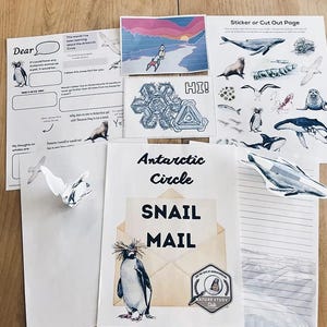 May include: A selection of Antarctic-themed stationery and stickers. Features a page with a penguin illustration and the words "SNAIL MAIL" and "Antarctic Circle." Other pages include illustrations of whales, seals, and penguins, plus the word "HI!"