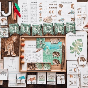 May include: A collection of jungle-themed educational materials for kids, including printable worksheets, flashcards, and a banner that says "JUNGLE". The materials feature images of animals like leopards, hippos, and snakes.