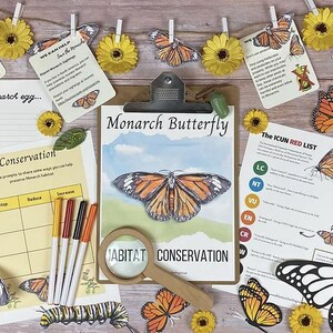 May include: A collection of educational materials about Monarch butterflies. The image includes a clipboard with a butterfly illustration, a magnifying glass, and various informational cards. There are also decorative paper butterflies and yellow flower accents.