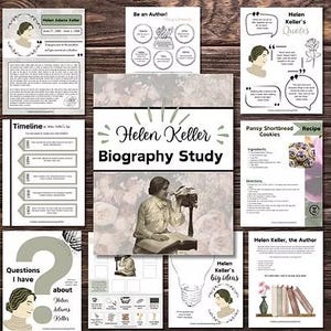 Puede incluir: Un conjunto de materiales educativos imprimibles para un estudio biográfico de Helen Keller. Las páginas incluyen una línea de tiempo, citas, una receta y otras hojas informativas. El título "Helen Keller Biography Study" se muestra de forma destacada.