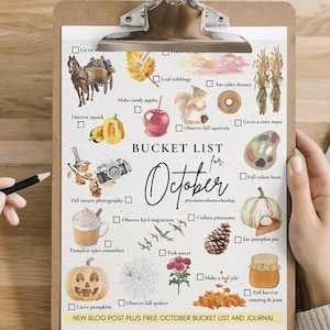 May include: A clipboard with a printed "October Bucket List" featuring illustrations of fall activities like pumpkin carving, leaf piles, and pumpkin spice smoothies. The list includes checkboxes for each activity.